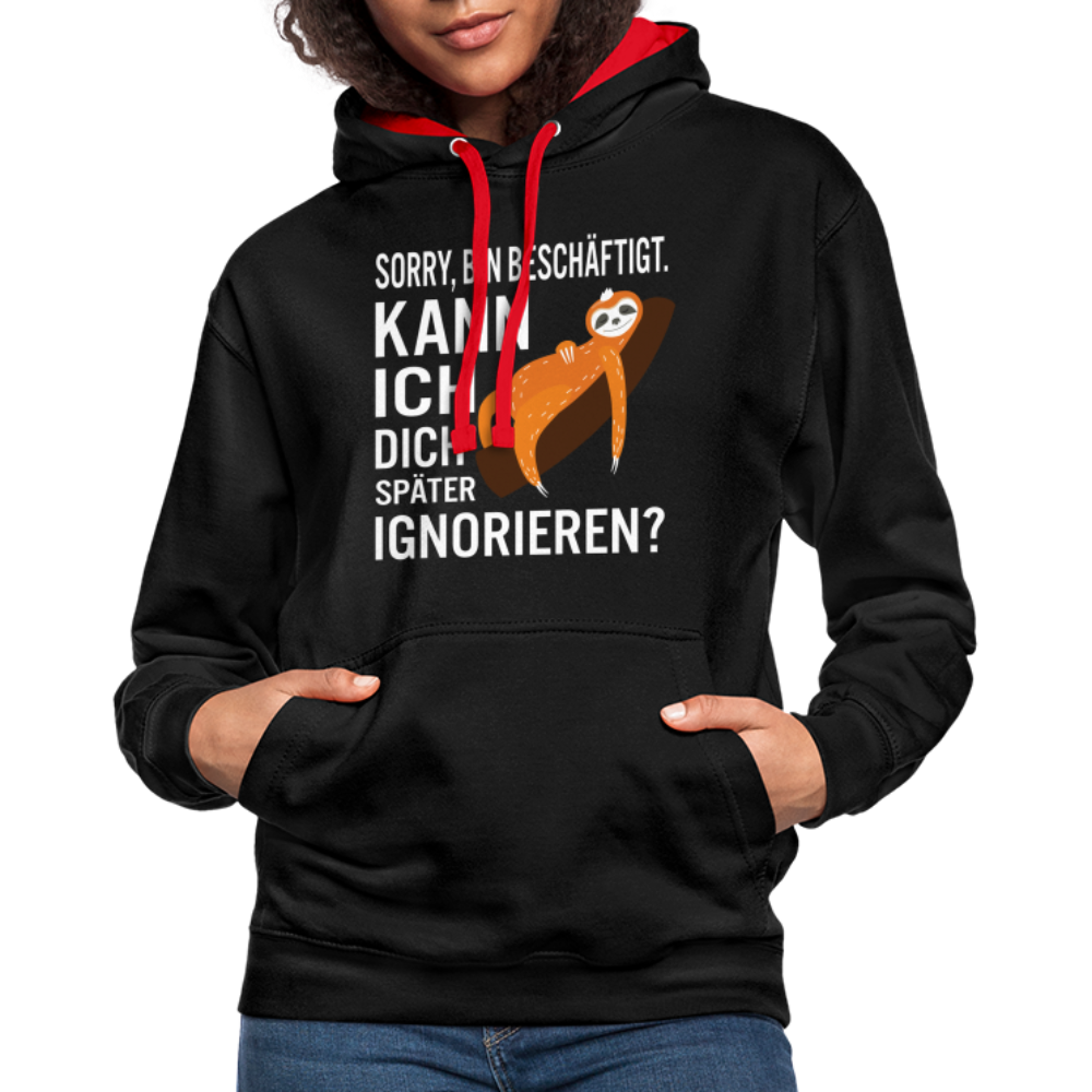 Faultier bin beschäftigt kann ich dich später ignorieren lustiger Kontrast-Hoodie - Schwarz/Rot