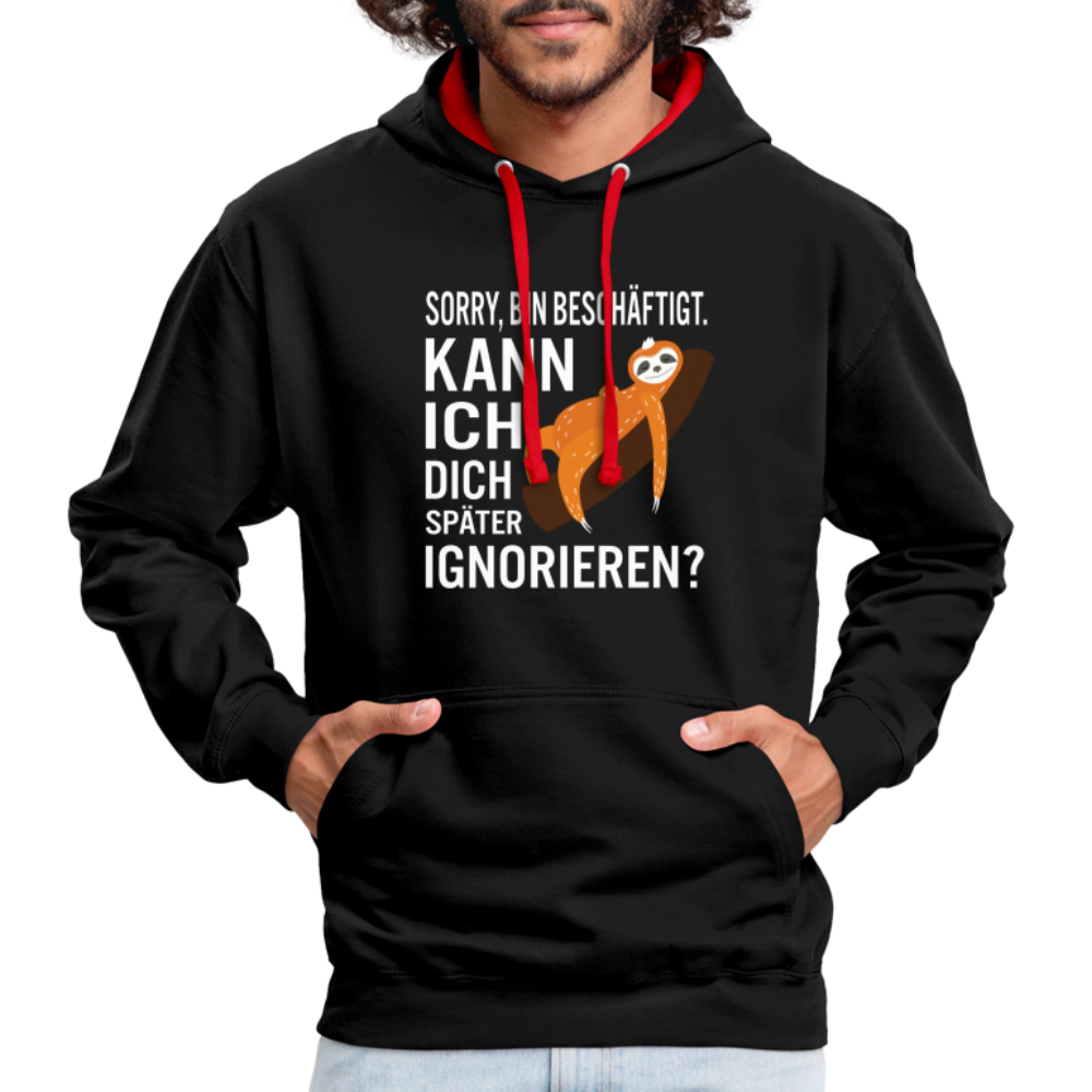 Faultier bin beschäftigt kann ich dich später ignorieren lustiger Kontrast-Hoodie - Schwarz/Rot