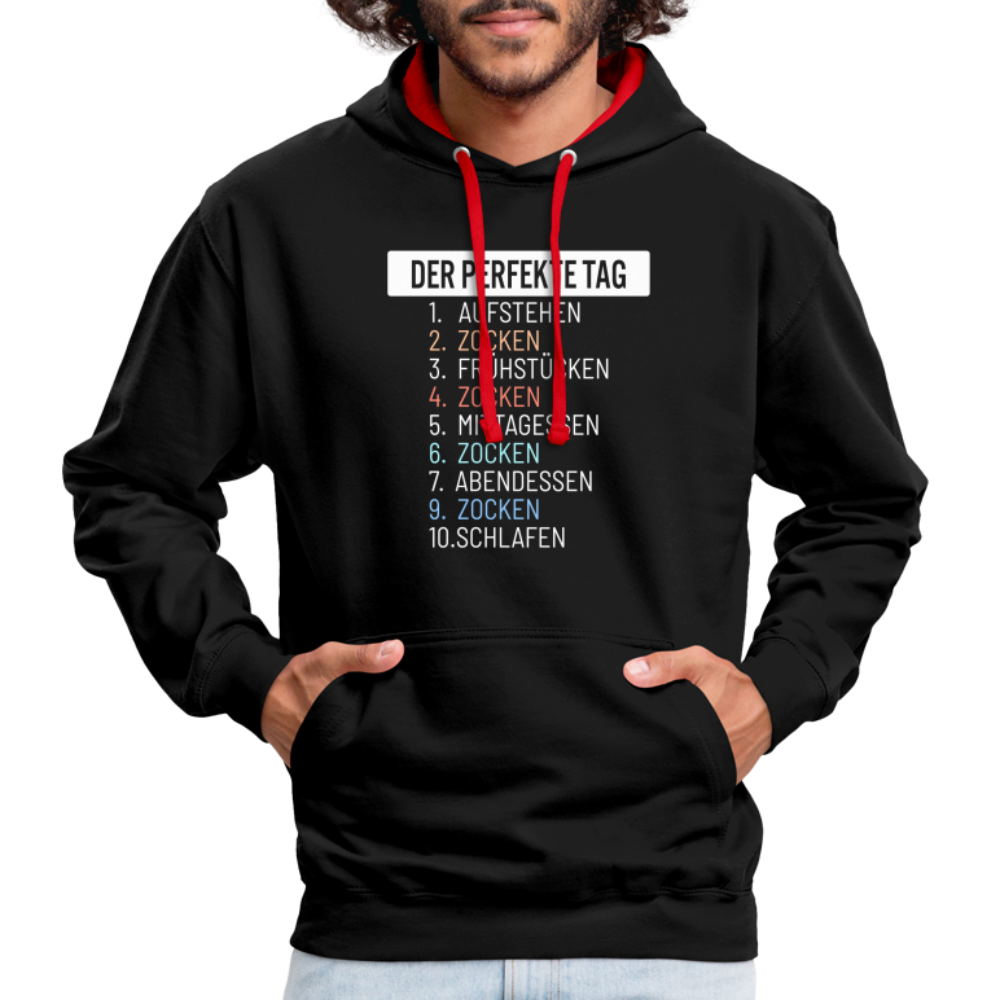 Gamer Gaming Zocken Der Perfekte Tag Lustiger Kontrast-Hoodie - Schwarz/Rot