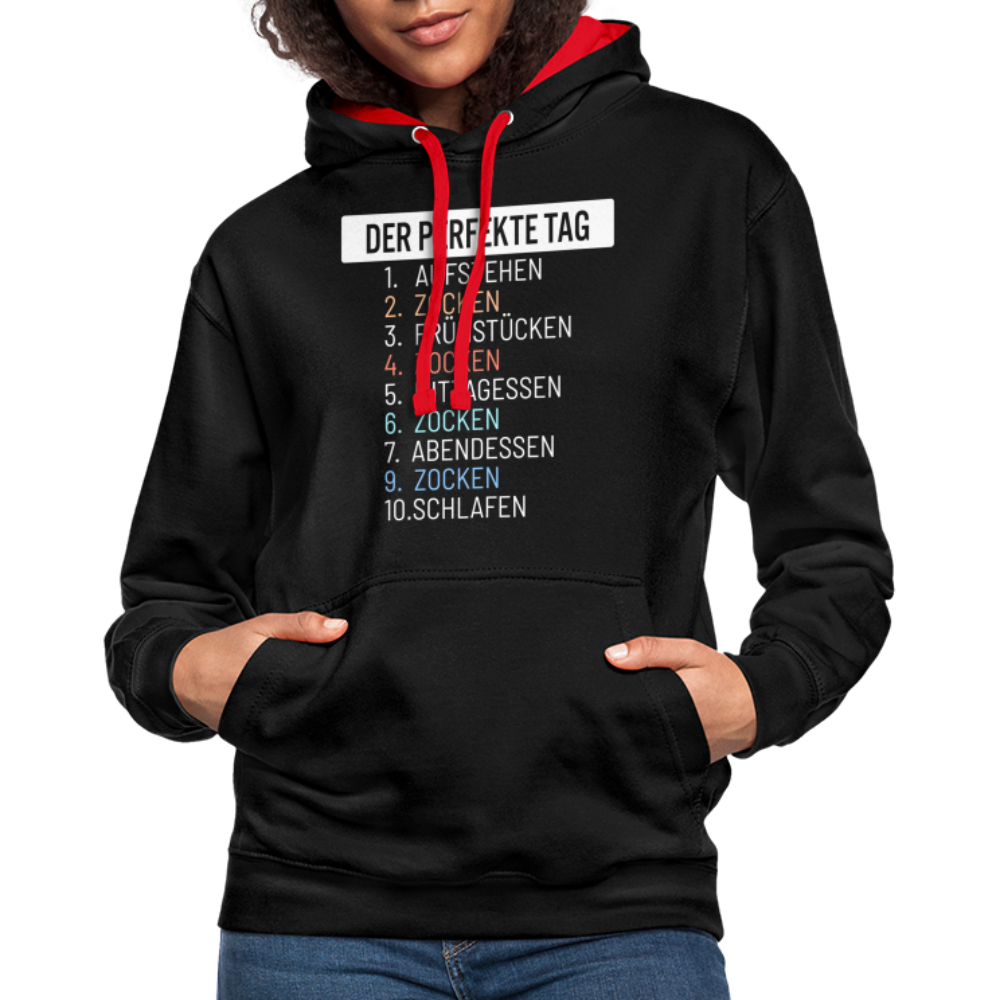 Gamer Gaming Zocken Der Perfekte Tag Lustiger Kontrast-Hoodie - Schwarz/Rot