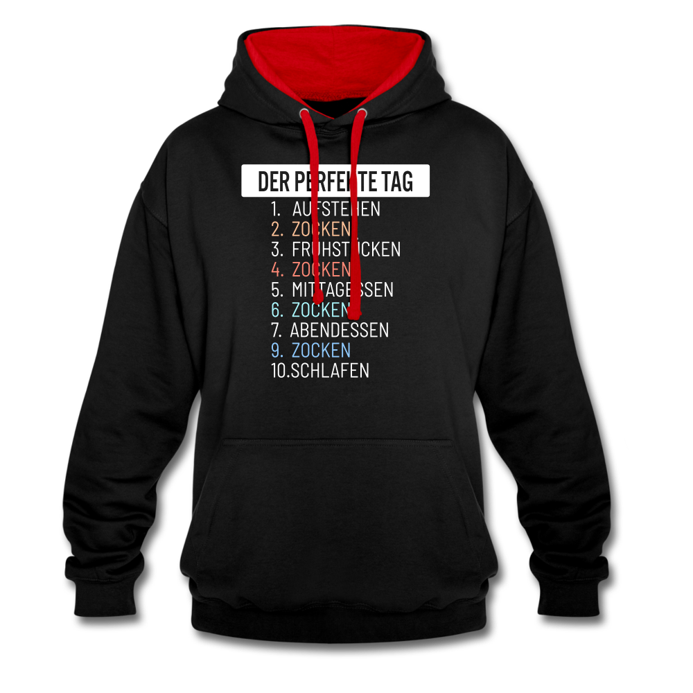 Gamer Gaming Zocken Der Perfekte Tag Lustiger Kontrast-Hoodie - Schwarz/Rot