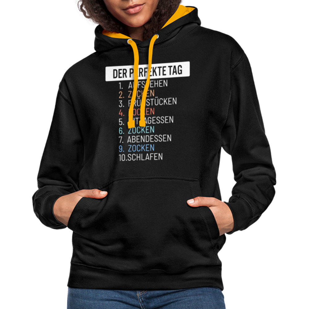 Gamer Gaming Zocken Der Perfekte Tag Lustiger Kontrast-Hoodie - Schwarz/Gold