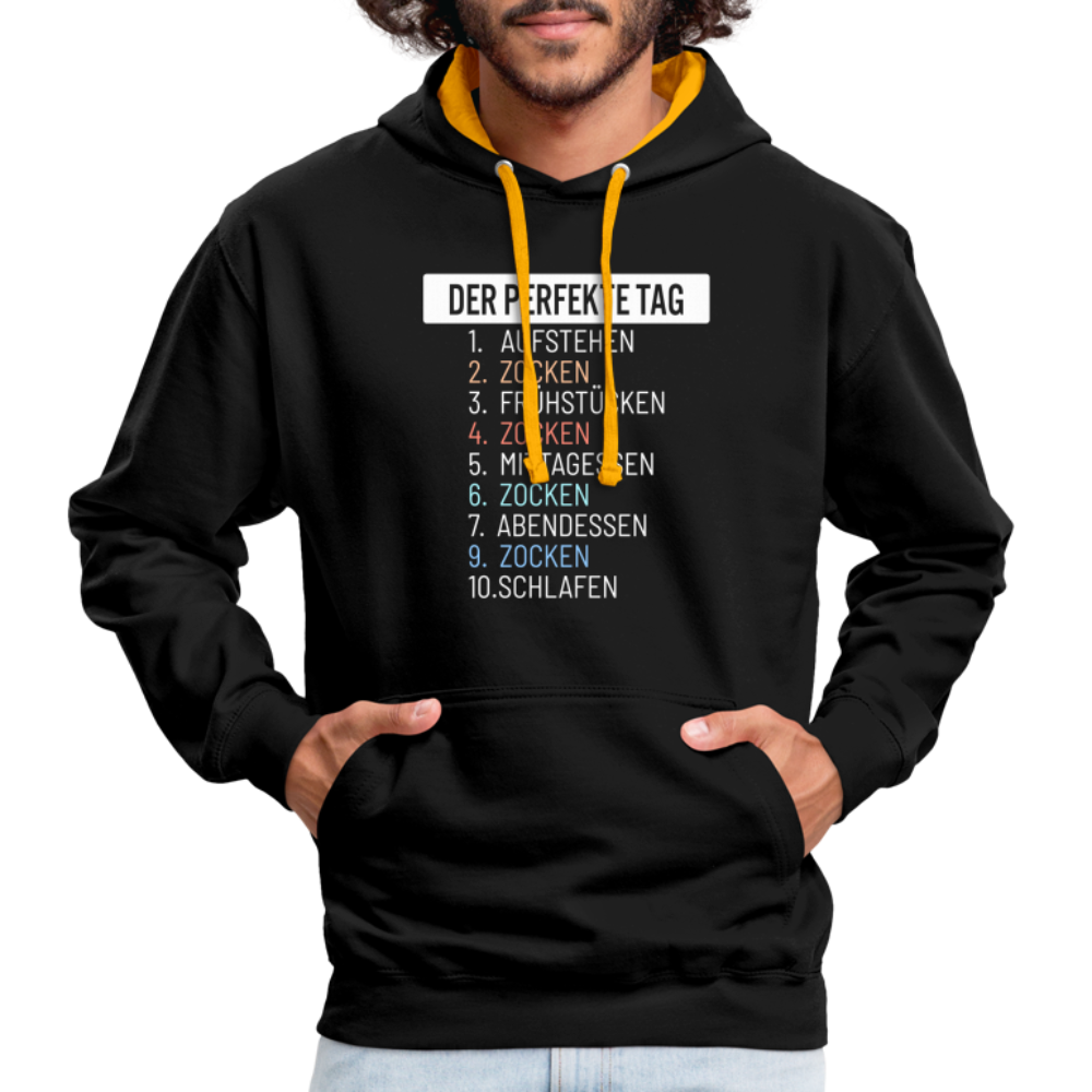 Gamer Gaming Zocken Der Perfekte Tag Lustiger Kontrast-Hoodie - Schwarz/Gold