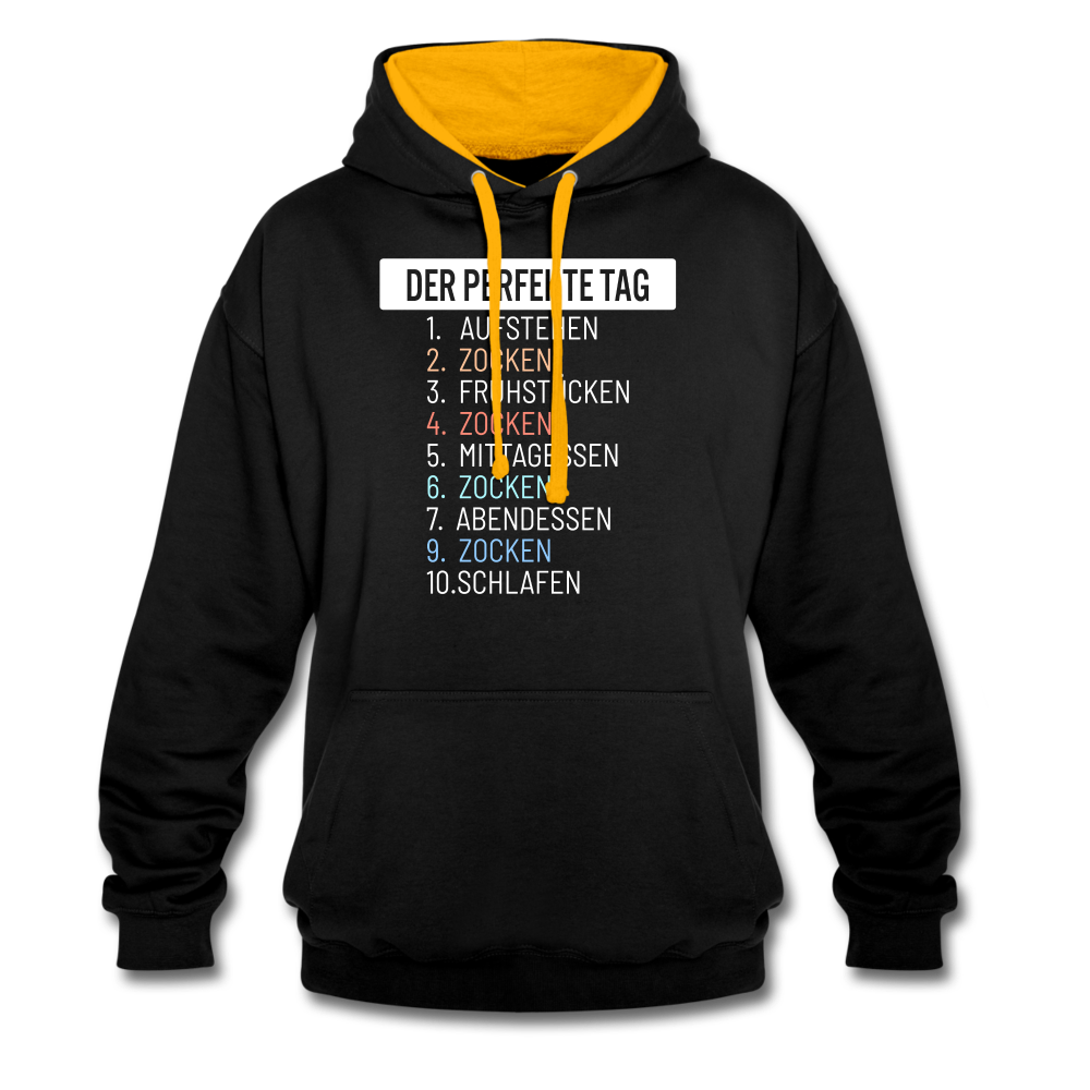 Gamer Gaming Zocken Der Perfekte Tag Lustiger Kontrast-Hoodie - Schwarz/Gold