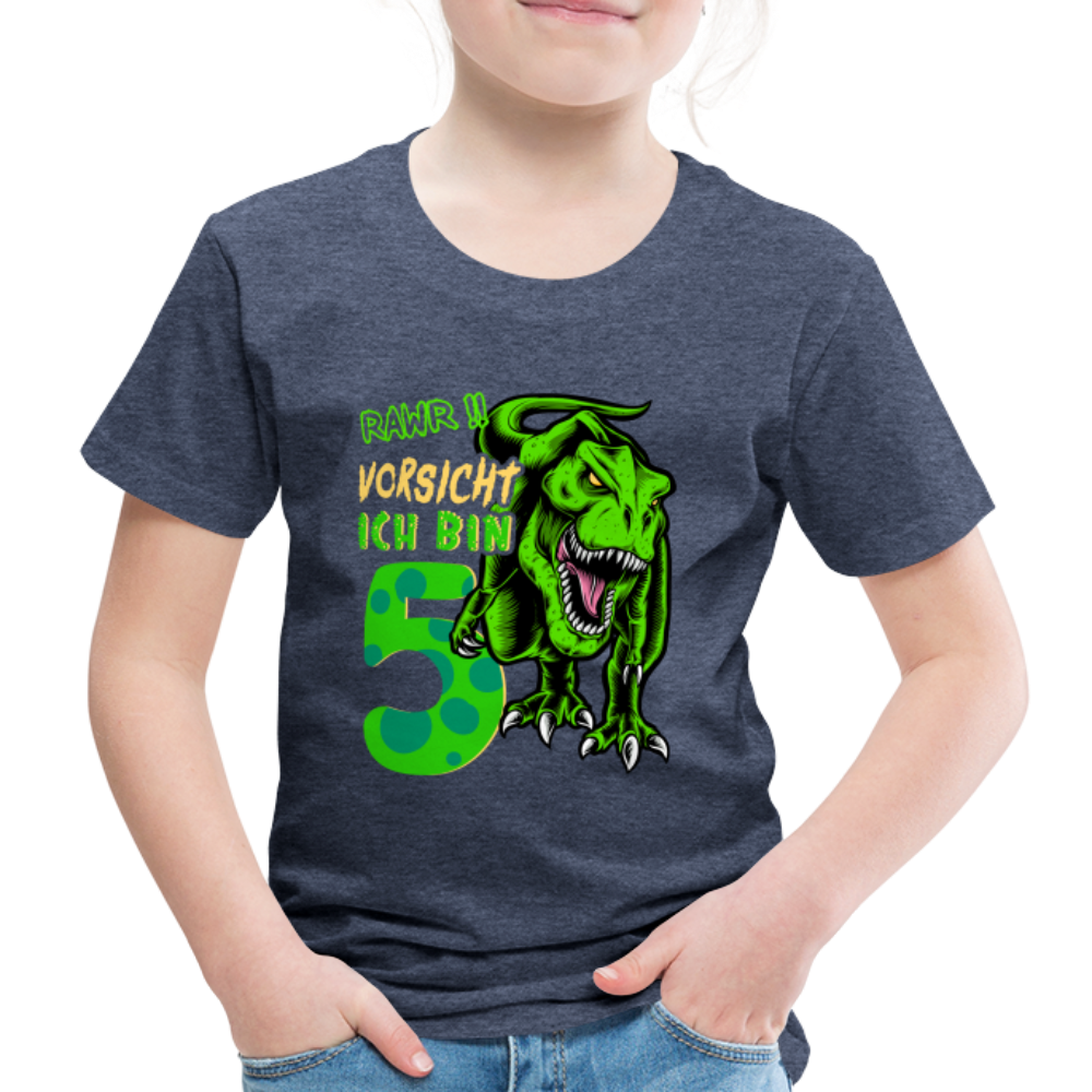 5. Kinder Geburtstag Geschenk Dinosaurier T-Rex Ich bin 5 Kinder Premium T-Shirt - Blau meliert