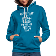 Fotografin Geschenk Die Tut Nix Die Will Nur Fotos machen Kontrast-Hoodie - Pfauenblau/Grau meliert