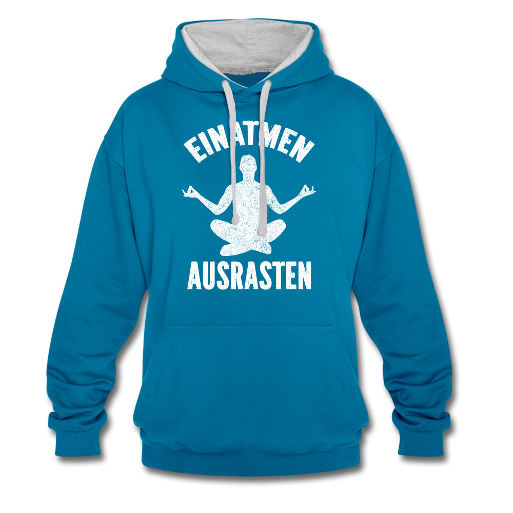 Yoga Geschenk Einatmen Ausrasen Lustiger Kontrast-Hoodie - Pfauenblau/Grau meliert