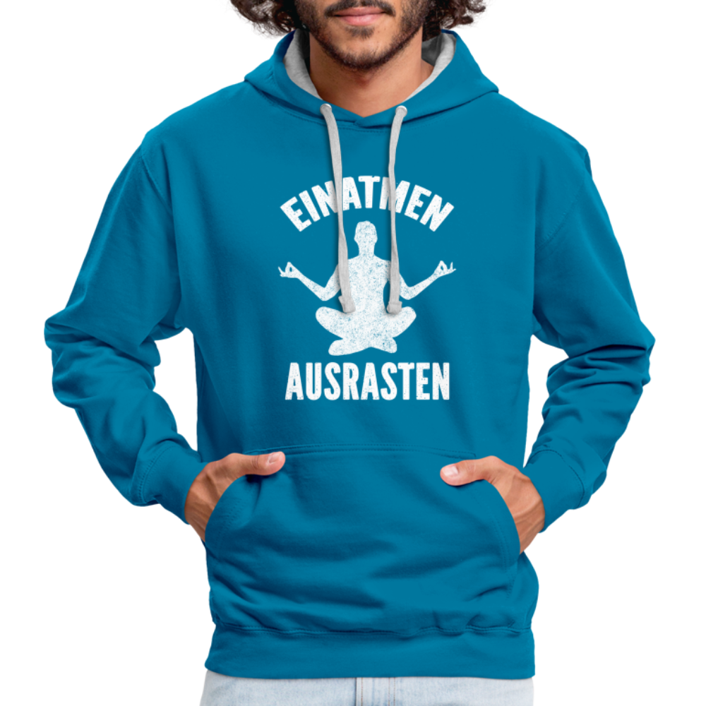 Yoga Geschenk Einatmen Ausrasen Lustiger Kontrast-Hoodie - Pfauenblau/Grau meliert