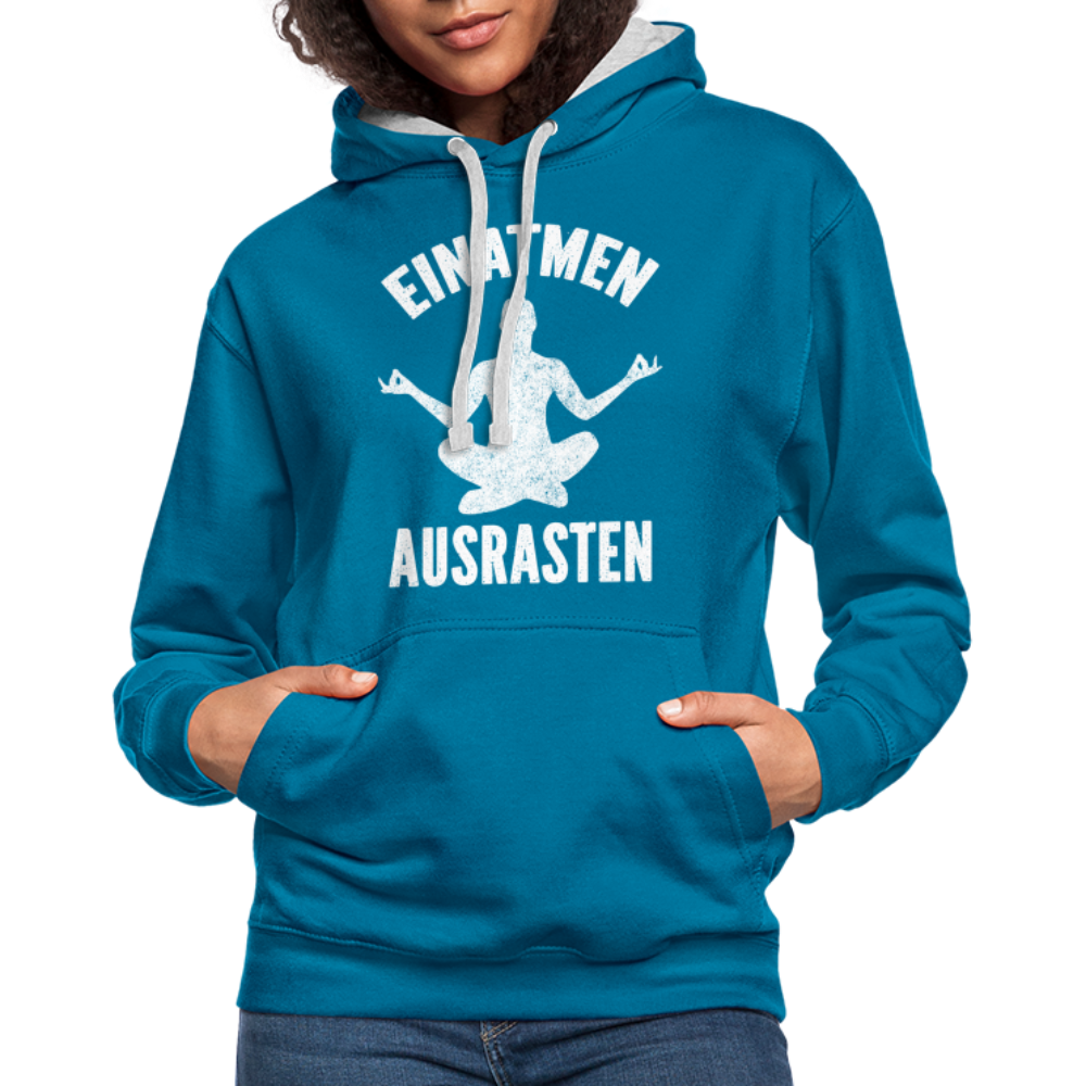 Yoga Geschenk Einatmen Ausrasen Lustiger Kontrast-Hoodie - Pfauenblau/Grau meliert