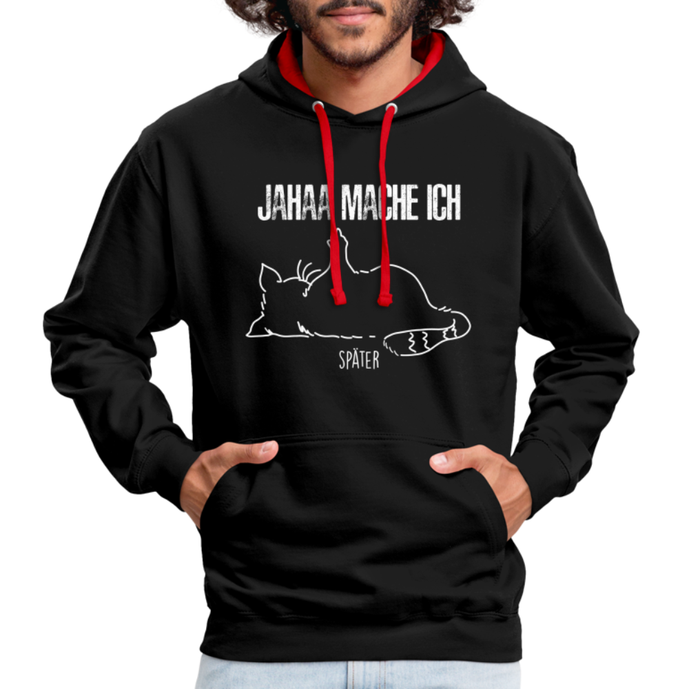 Faule Katze Mittelfinger Jahaa Mache ich - Später Lustiger Kontrast-Hoodie - Schwarz/Rot