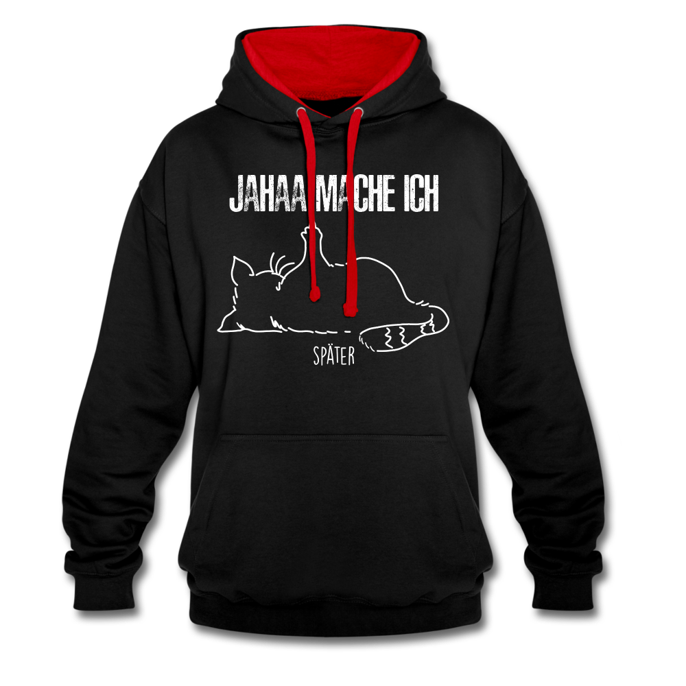 Faule Katze Mittelfinger Jahaa Mache ich - Später Lustiger Kontrast-Hoodie - Schwarz/Rot