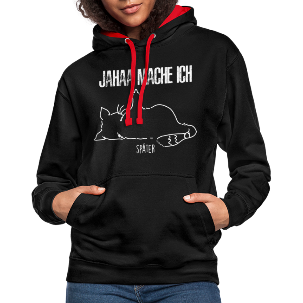 Faule Katze Mittelfinger Jahaa Mache ich - Später Lustiger Kontrast-Hoodie - Schwarz/Rot