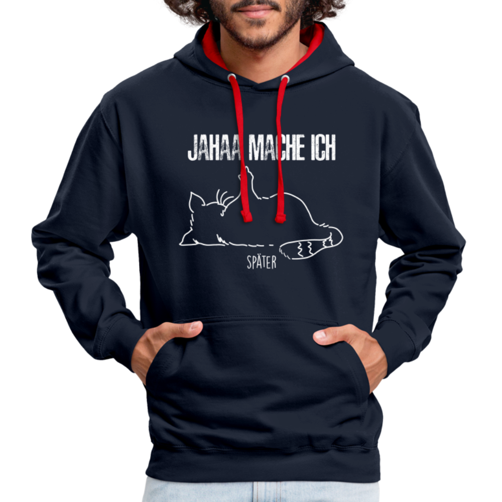 Faule Katze Mittelfinger Jahaa Mache ich - Später Lustiger Kontrast-Hoodie - Navy/Rot