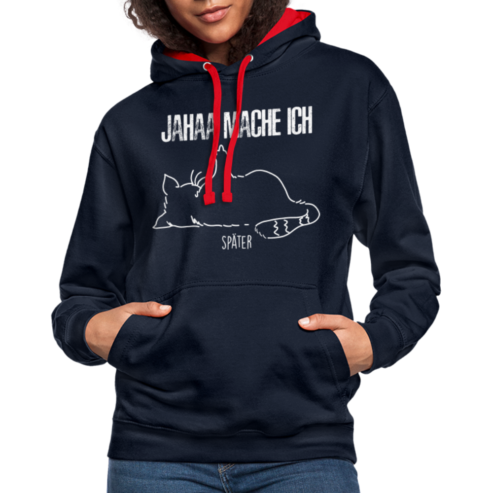 Faule Katze Mittelfinger Jahaa Mache ich - Später Lustiger Kontrast-Hoodie - Navy/Rot