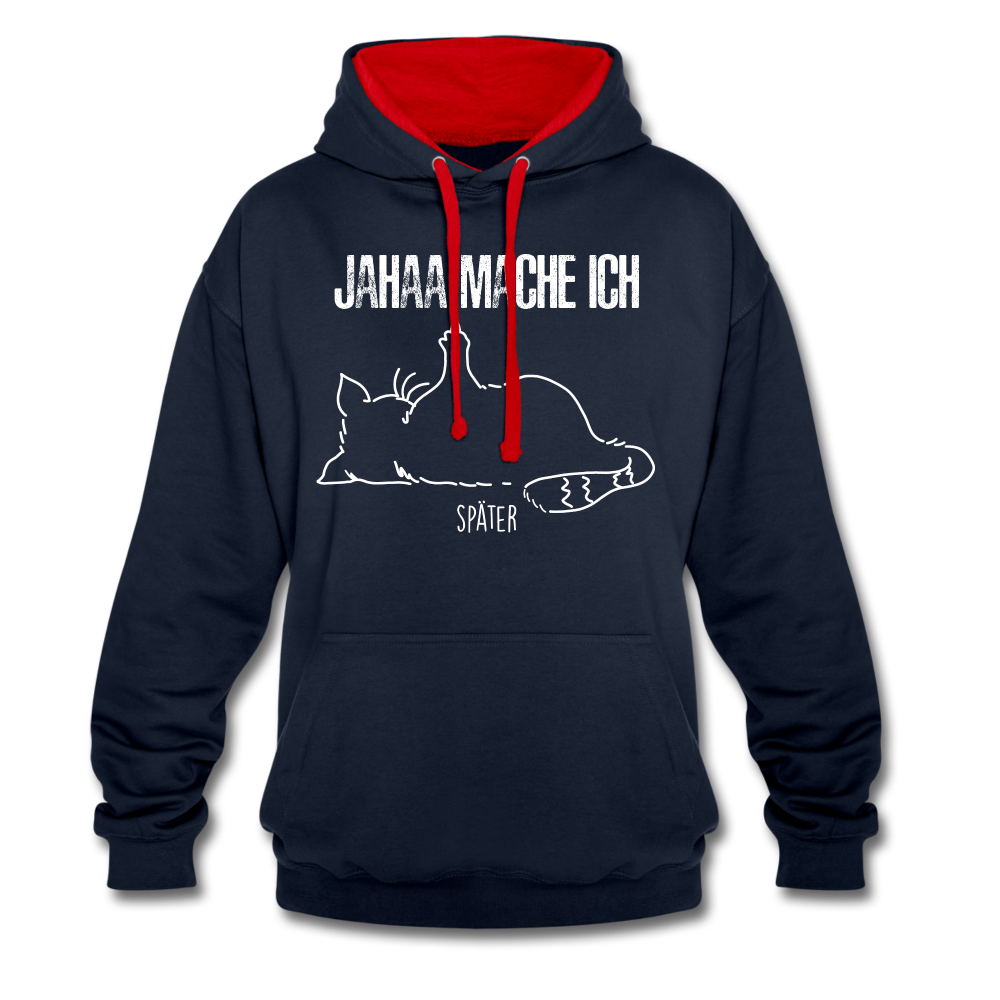 Faule Katze Mittelfinger Jahaa Mache ich - Später Lustiger Kontrast-Hoodie - Navy/Rot