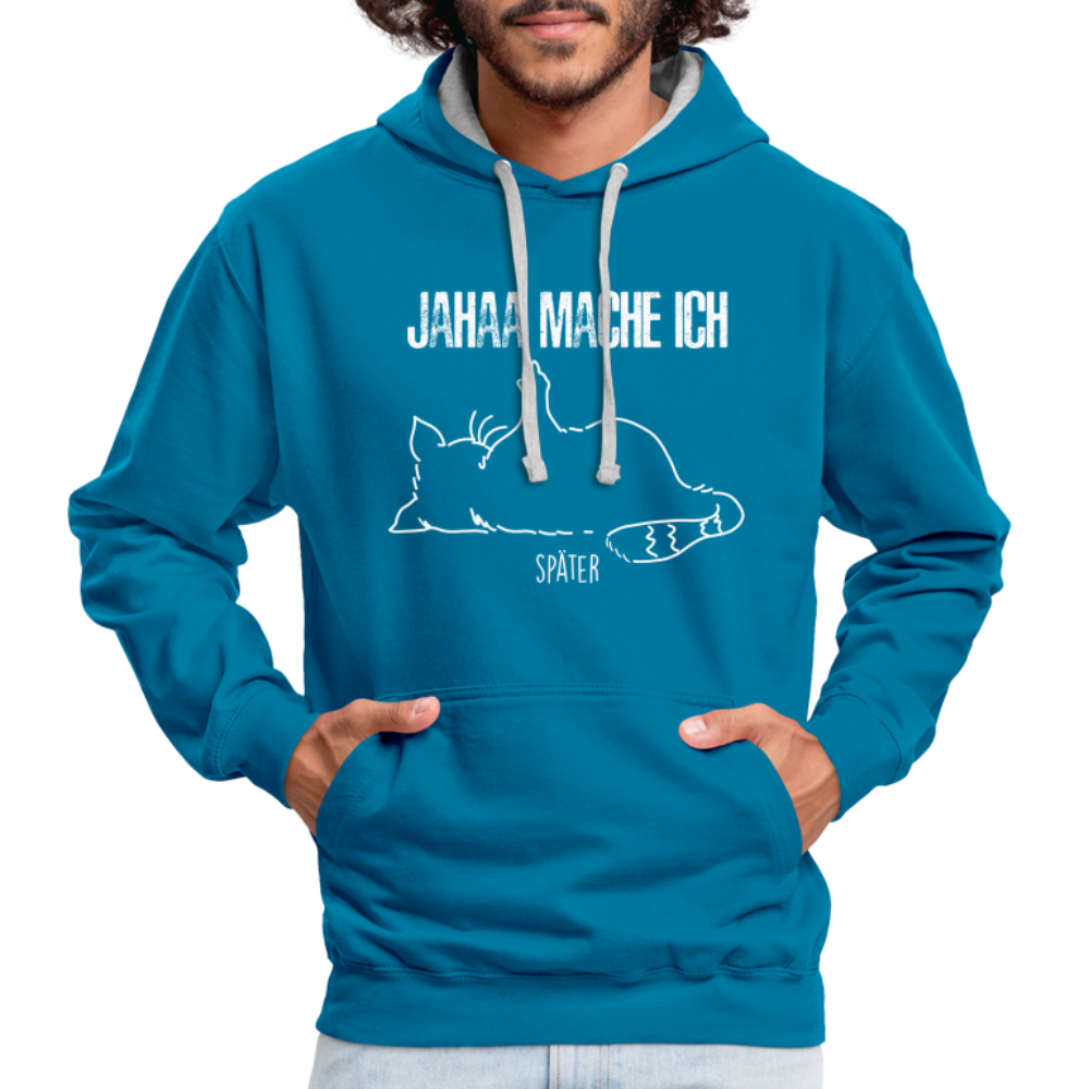 Faule Katze Mittelfinger Jahaa Mache ich - Später Lustiger Kontrast-Hoodie - Pfauenblau/Grau meliert