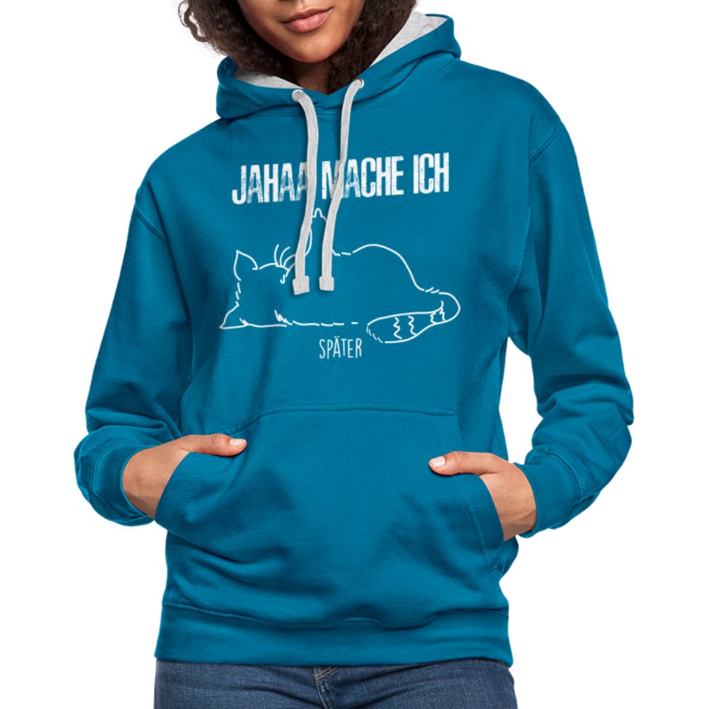 Faule Katze Mittelfinger Jahaa Mache ich - Später Lustiger Kontrast-Hoodie - Pfauenblau/Grau meliert