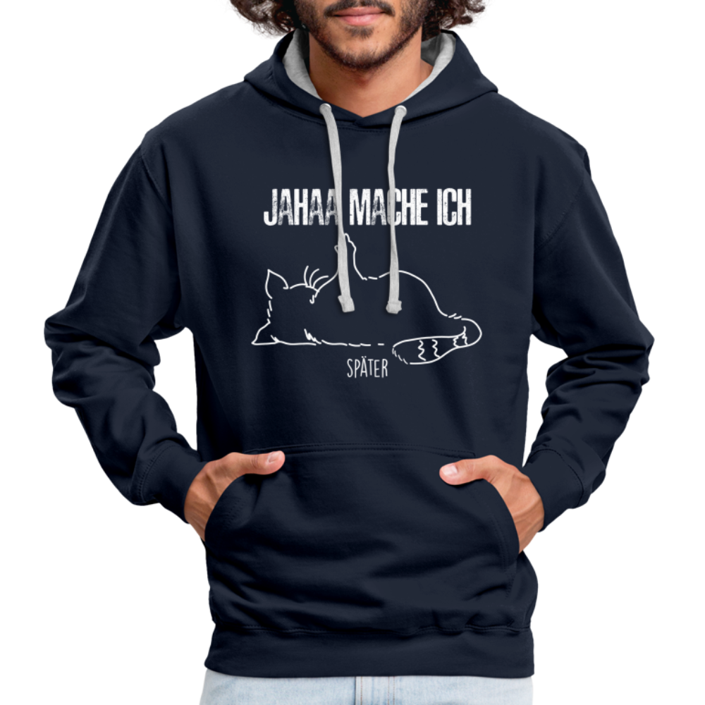 Faule Katze Mittelfinger Jahaa Mache ich - Später Lustiger Kontrast-Hoodie - Navy/Grau meliert