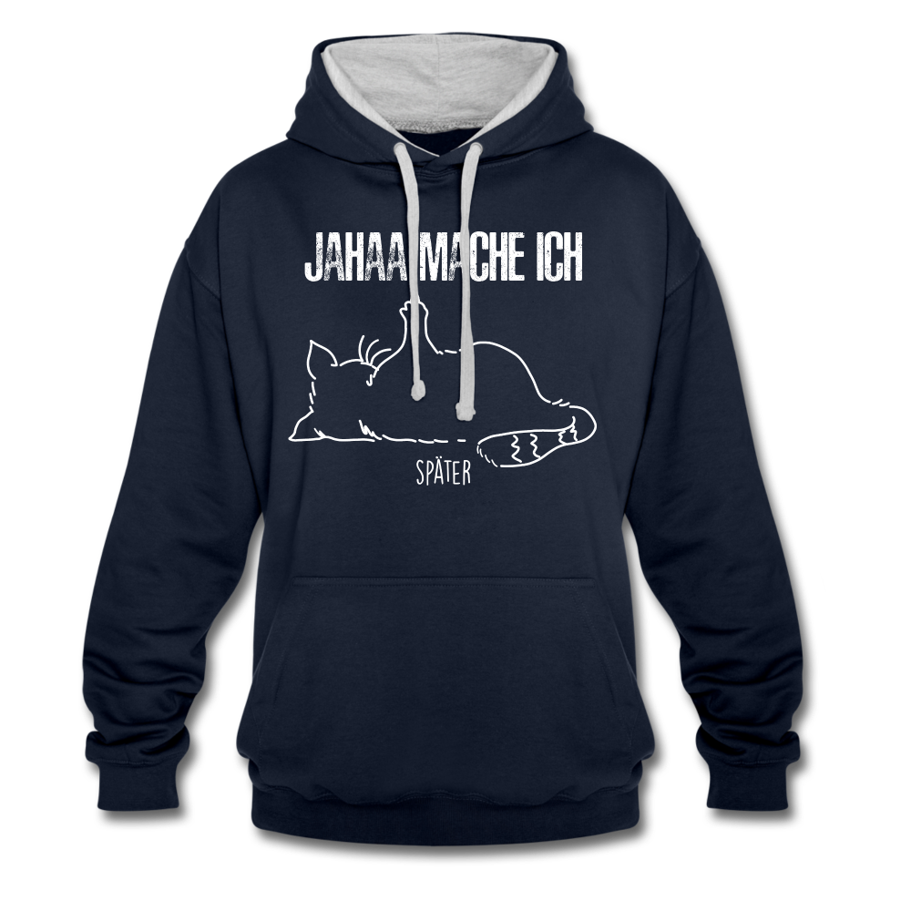 Faule Katze Mittelfinger Jahaa Mache ich - Später Lustiger Kontrast-Hoodie - Navy/Grau meliert