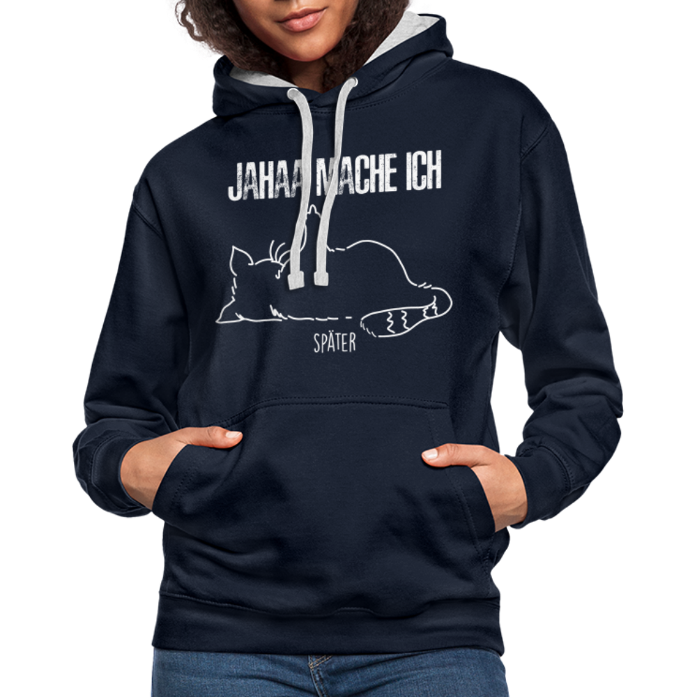 Faule Katze Mittelfinger Jahaa Mache ich - Später Lustiger Kontrast-Hoodie - Navy/Grau meliert