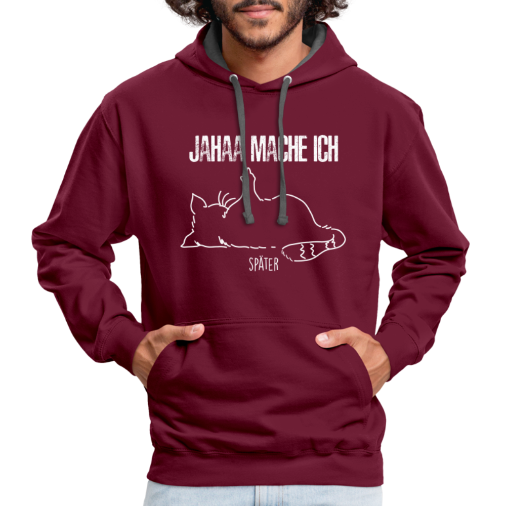 Faule Katze Mittelfinger Jahaa Mache ich - Später Lustiger Kontrast-Hoodie - Weinrot/Anthrazit