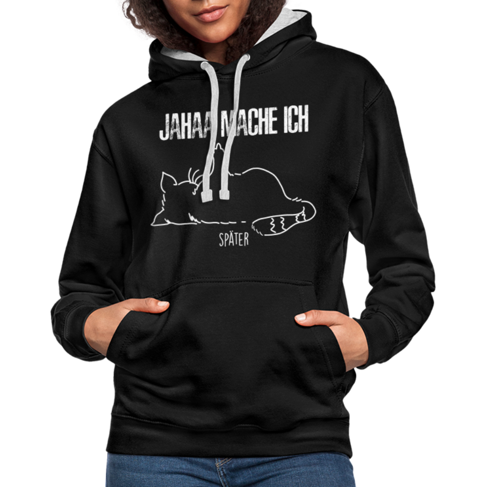 Faule Katze Mittelfinger Jahaa Mache ich - Später Lustiger Kontrast-Hoodie - Schwarz/Grau meliert