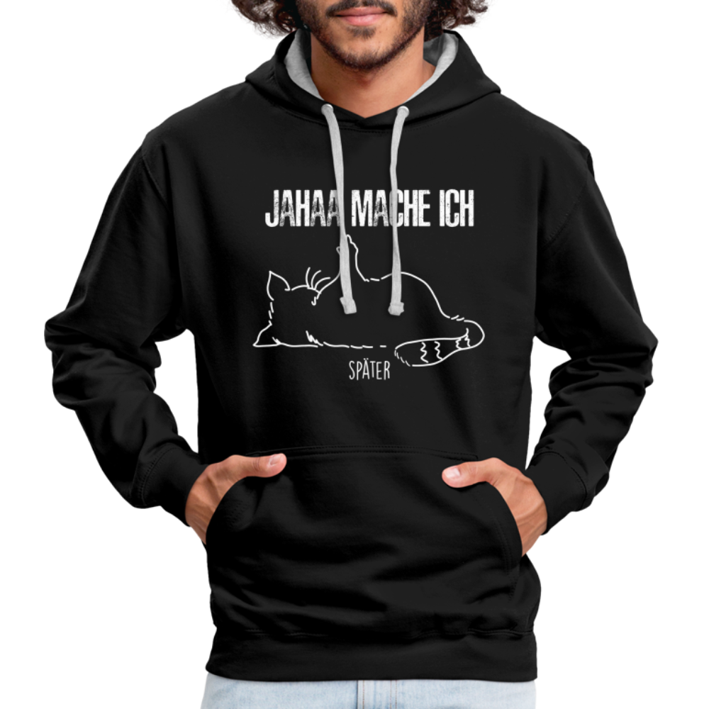 Faule Katze Mittelfinger Jahaa Mache ich - Später Lustiger Kontrast-Hoodie - Schwarz/Grau meliert