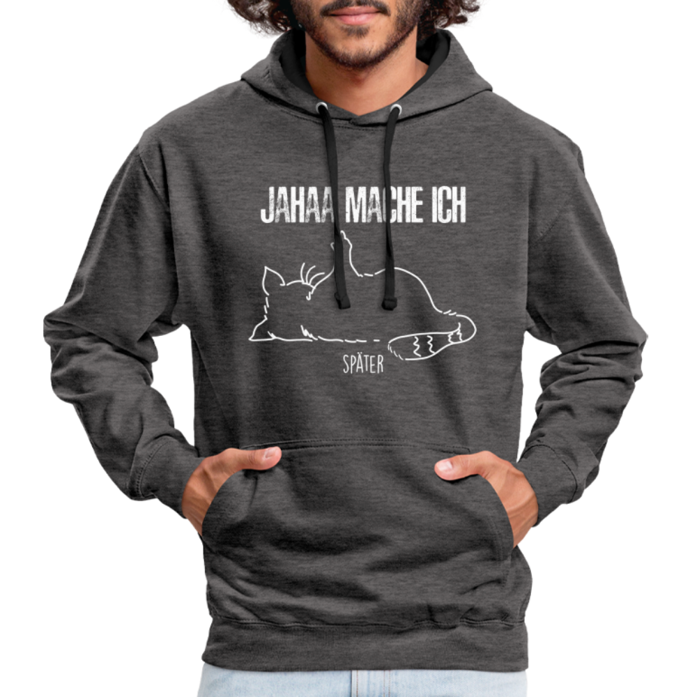 Faule Katze Mittelfinger Jahaa Mache ich - Später Lustiger Kontrast-Hoodie - Anthrazit/Schwarz