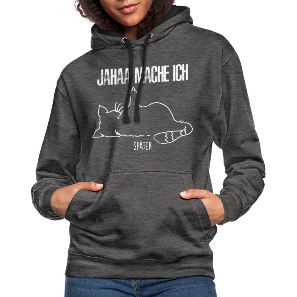 Faule Katze Mittelfinger Jahaa Mache ich - Später Lustiger Kontrast-Hoodie - Anthrazit/Schwarz