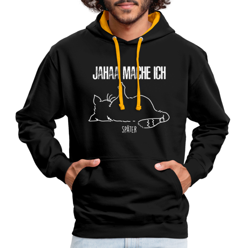 Faule Katze Mittelfinger Jahaa Mache ich - Später Lustiger Kontrast-Hoodie - Schwarz/Gold