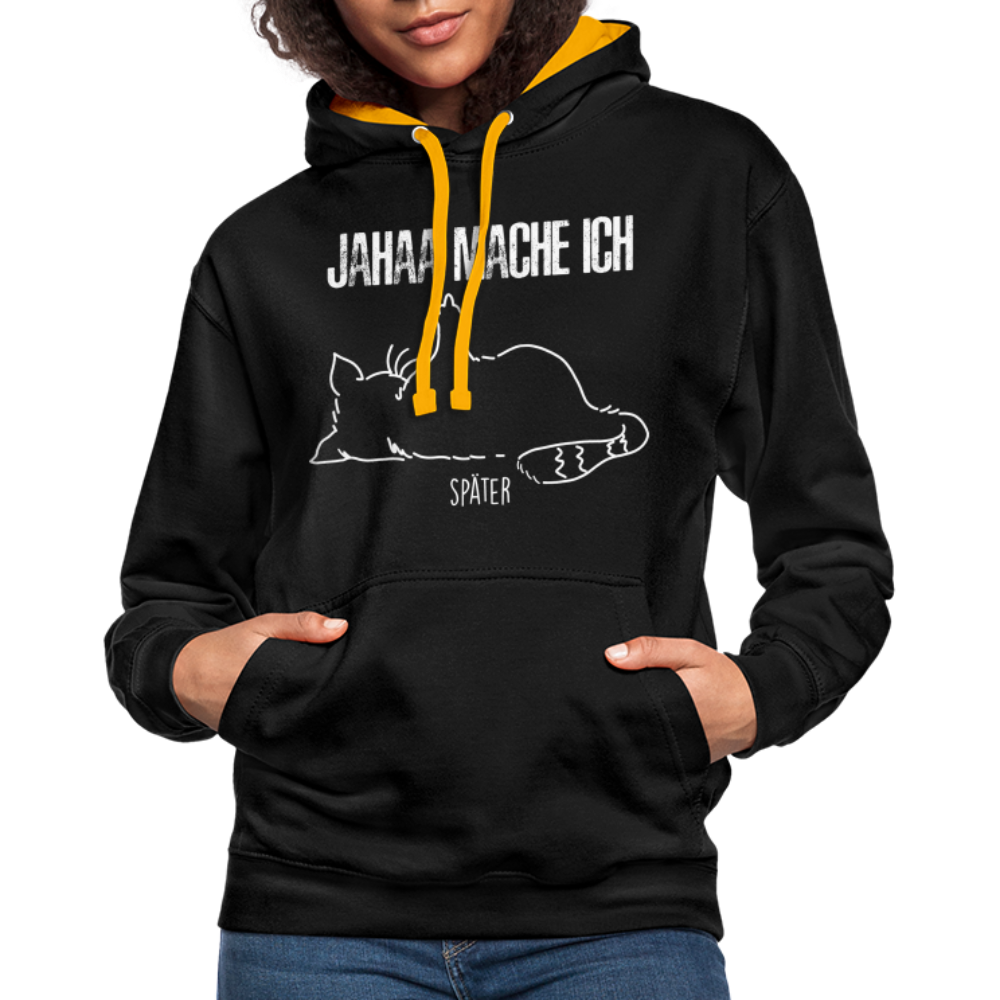 Faule Katze Mittelfinger Jahaa Mache ich - Später Lustiger Kontrast-Hoodie - Schwarz/Gold