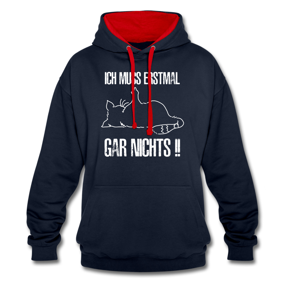 Faule Katze Mittelfinger Ich muss erstmal gar nichts Lustiger Kontrast-Hoodie - Navy/Rot