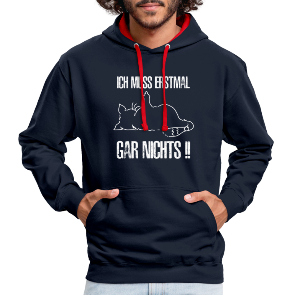 Faule Katze Mittelfinger Ich muss erstmal gar nichts Lustiger Kontrast-Hoodie - Navy/Rot