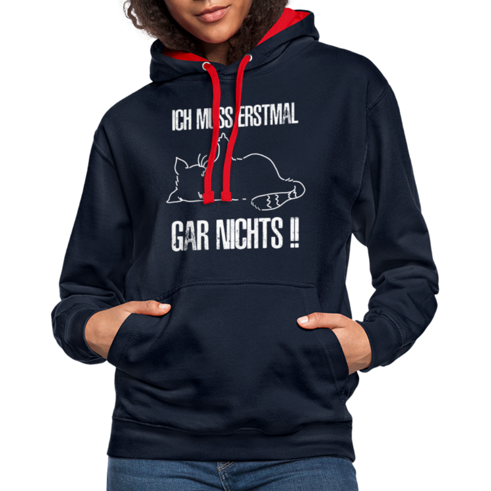 Faule Katze Mittelfinger Ich muss erstmal gar nichts Lustiger Kontrast-Hoodie - Navy/Rot