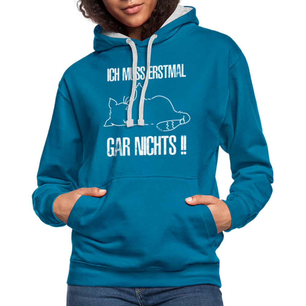 Faule Katze Mittelfinger Ich muss erstmal gar nichts Lustiger Kontrast-Hoodie - Pfauenblau/Grau meliert