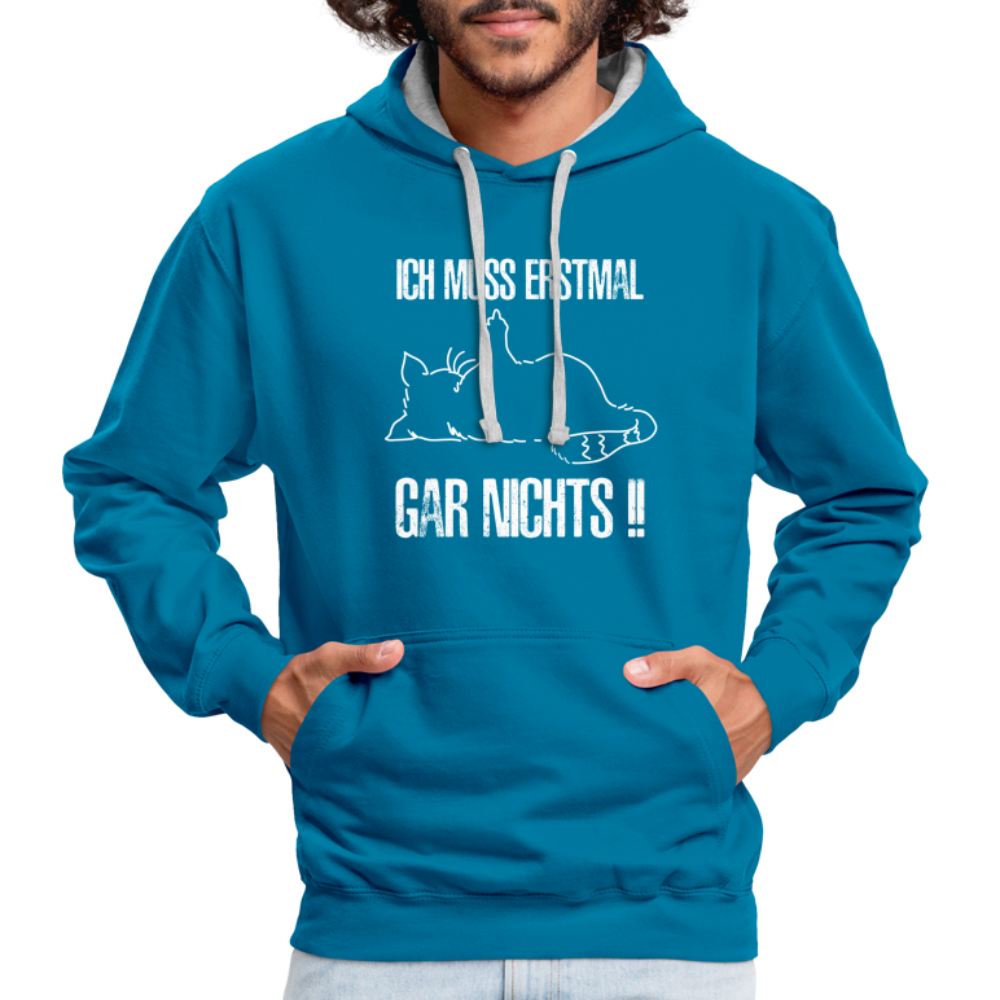 Faule Katze Mittelfinger Ich muss erstmal gar nichts Lustiger Kontrast-Hoodie - Pfauenblau/Grau meliert