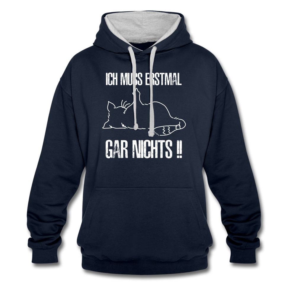 Faule Katze Mittelfinger Ich muss erstmal gar nichts Lustiger Kontrast-Hoodie - Navy/Grau meliert