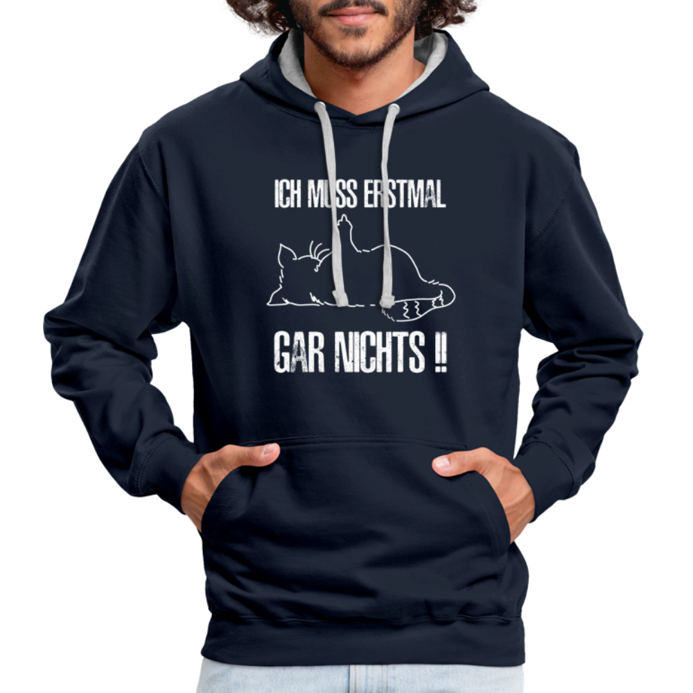 Faule Katze Mittelfinger Ich muss erstmal gar nichts Lustiger Kontrast-Hoodie - Navy/Grau meliert