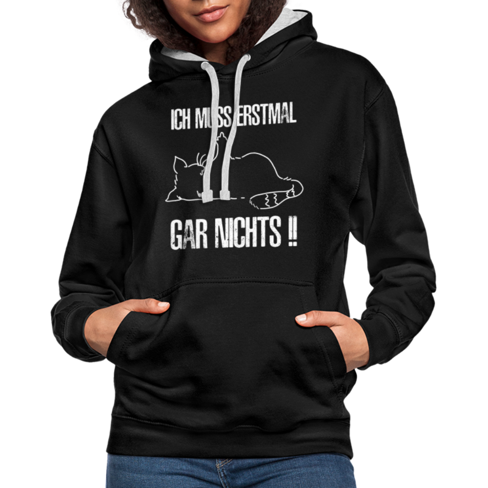 Faule Katze Mittelfinger Ich muss erstmal gar nichts Lustiger Kontrast-Hoodie - Schwarz/Grau meliert