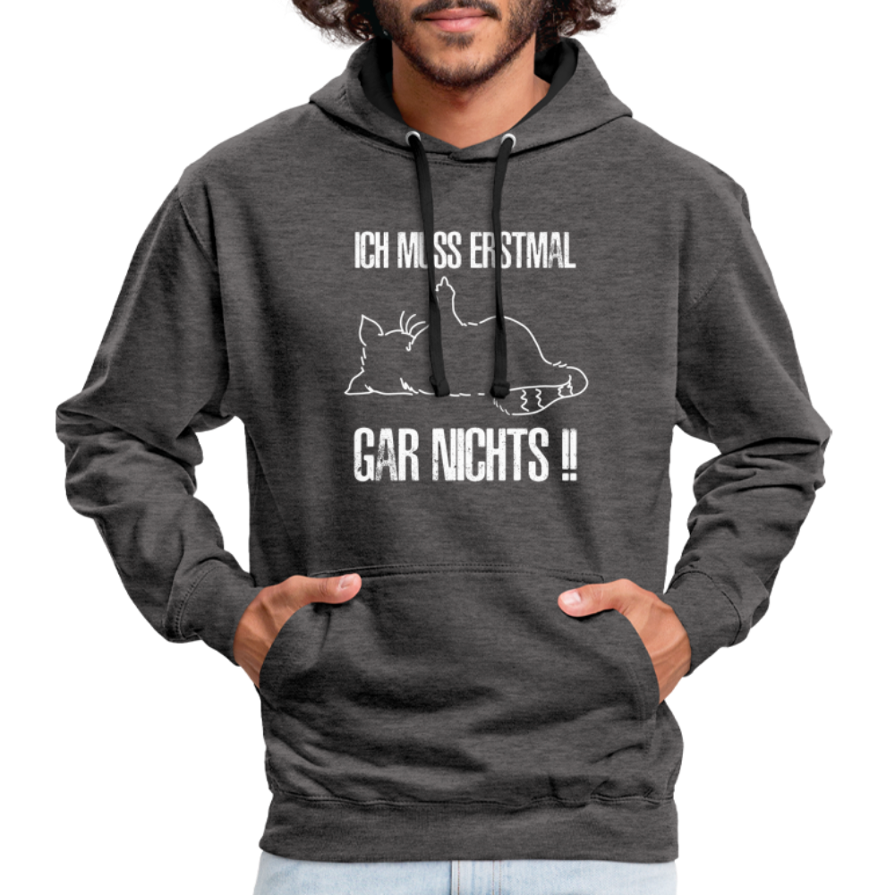 Faule Katze Mittelfinger Ich muss erstmal gar nichts Lustiger Kontrast-Hoodie - Anthrazit/Schwarz