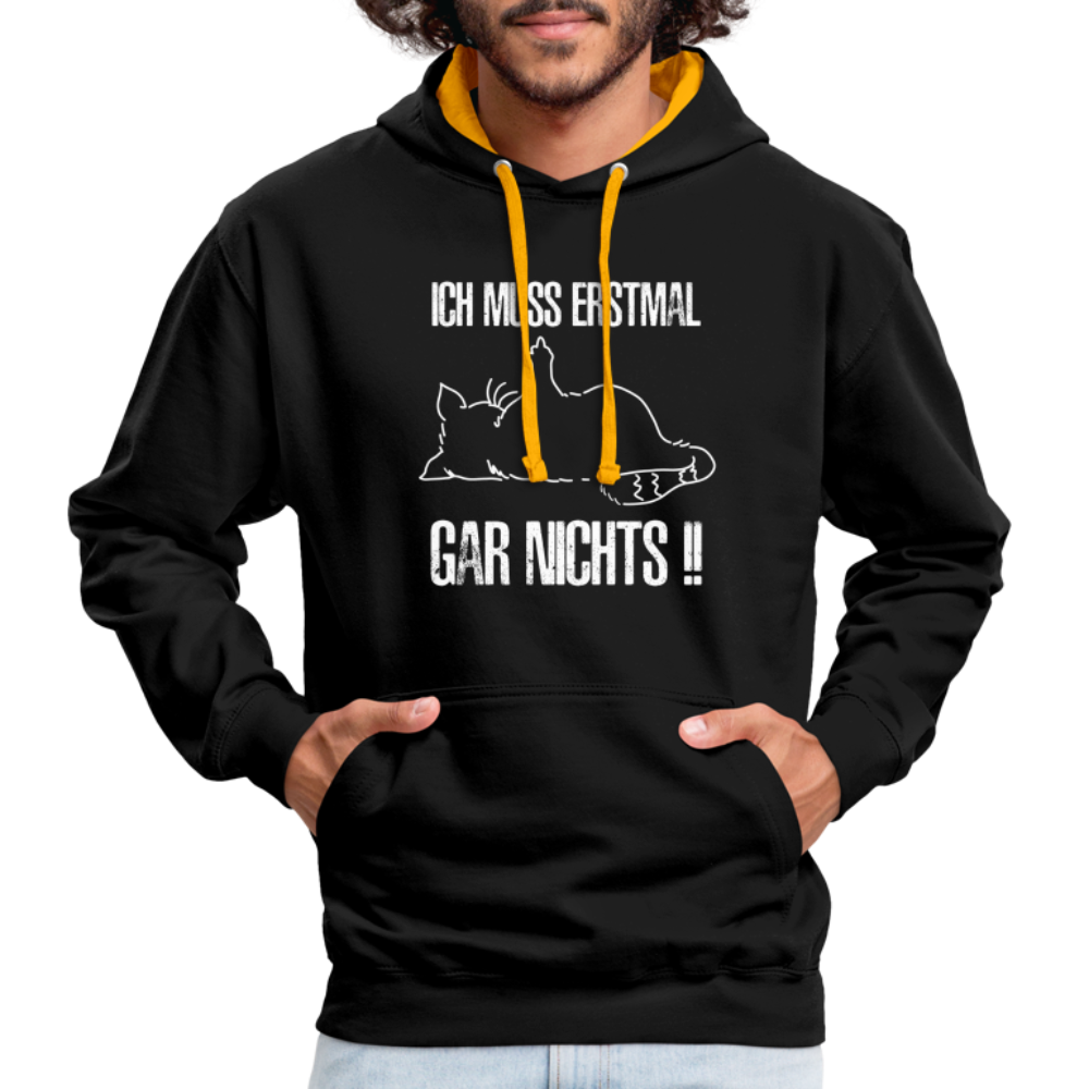 Faule Katze Mittelfinger Ich muss erstmal gar nichts Lustiger Kontrast-Hoodie - Schwarz/Gold