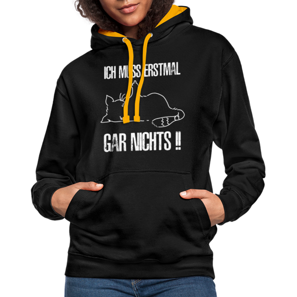 Faule Katze Mittelfinger Ich muss erstmal gar nichts Lustiger Kontrast-Hoodie - Schwarz/Gold