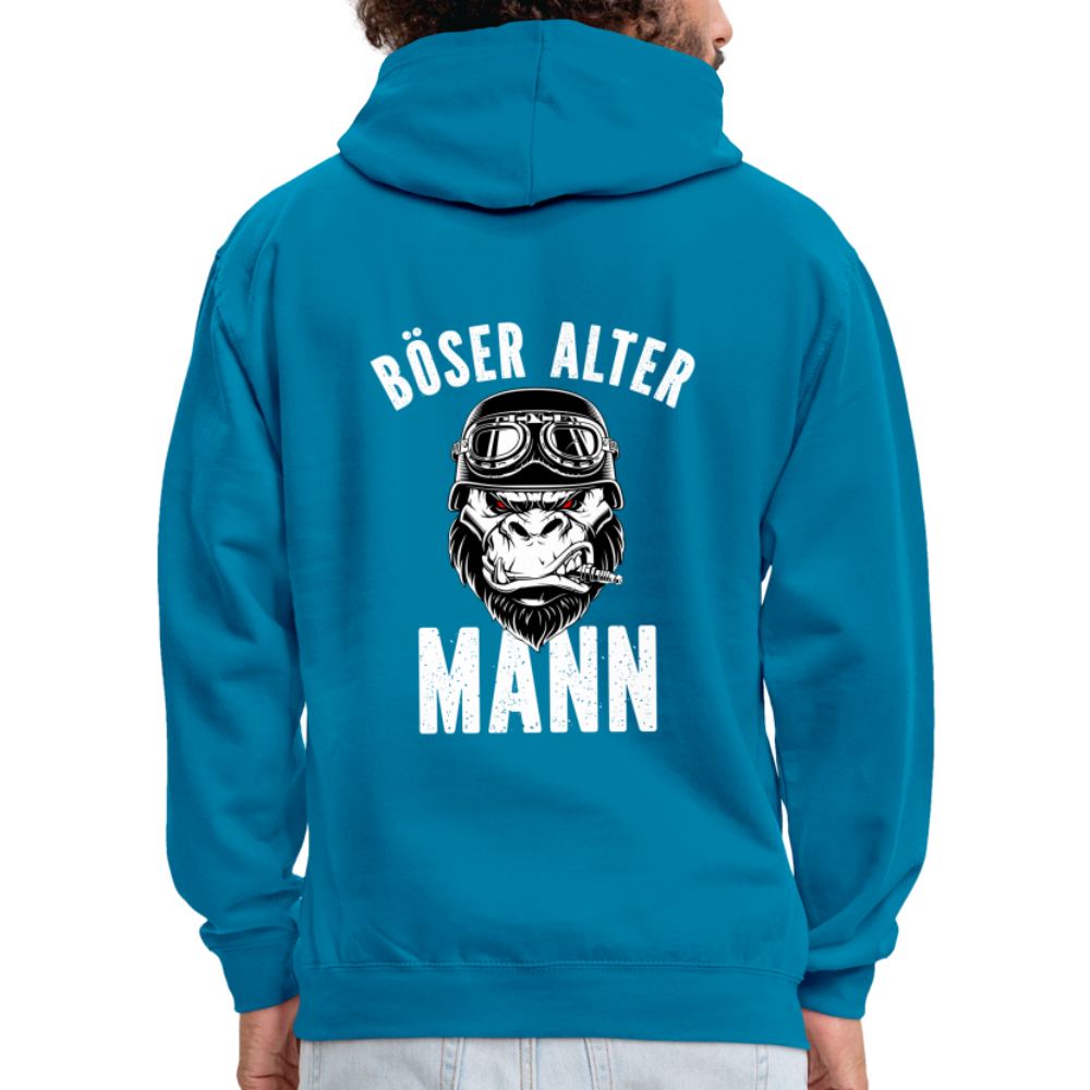 Biker zorniger Gorilla Böser alter Mann Geschenkidee Kontrast-Hoodie Rückendruck - Pfauenblau/Grau meliert