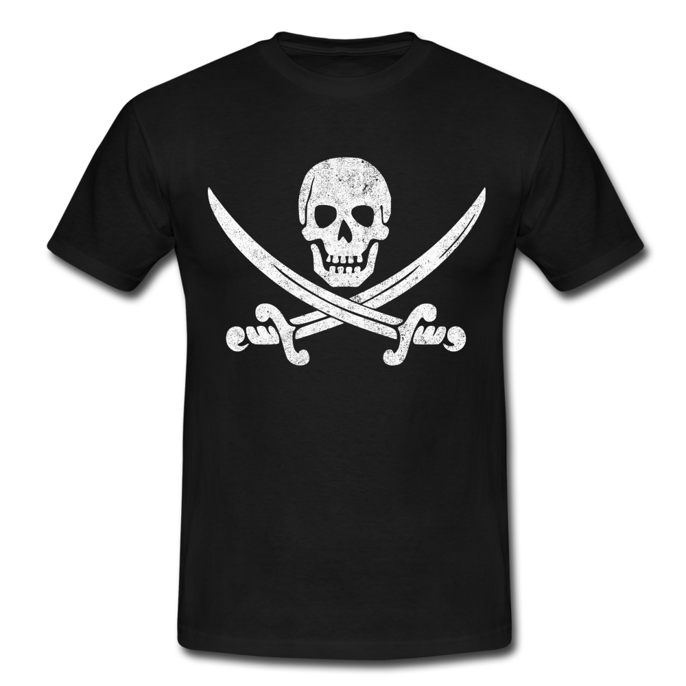 Piraten Flagge Totenkopf Schwert Kreuz T-Shirt - Schwarz