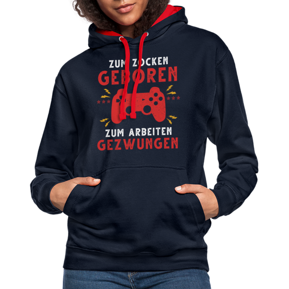 Gamer zum Zocken geboren zur Arbeit gezwungen Gaming Hoodie - Navy/Rot