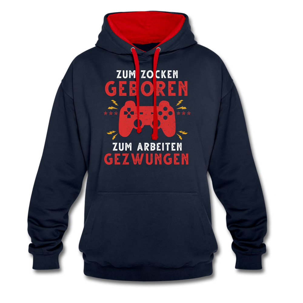 Gamer zum Zocken geboren zur Arbeit gezwungen Gaming Hoodie - Navy/Rot