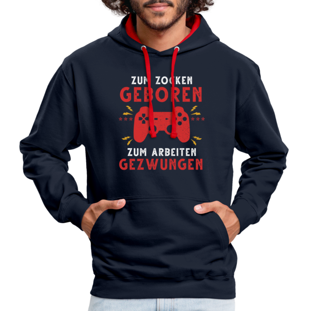 Gamer zum Zocken geboren zur Arbeit gezwungen Gaming Hoodie - Navy/Rot