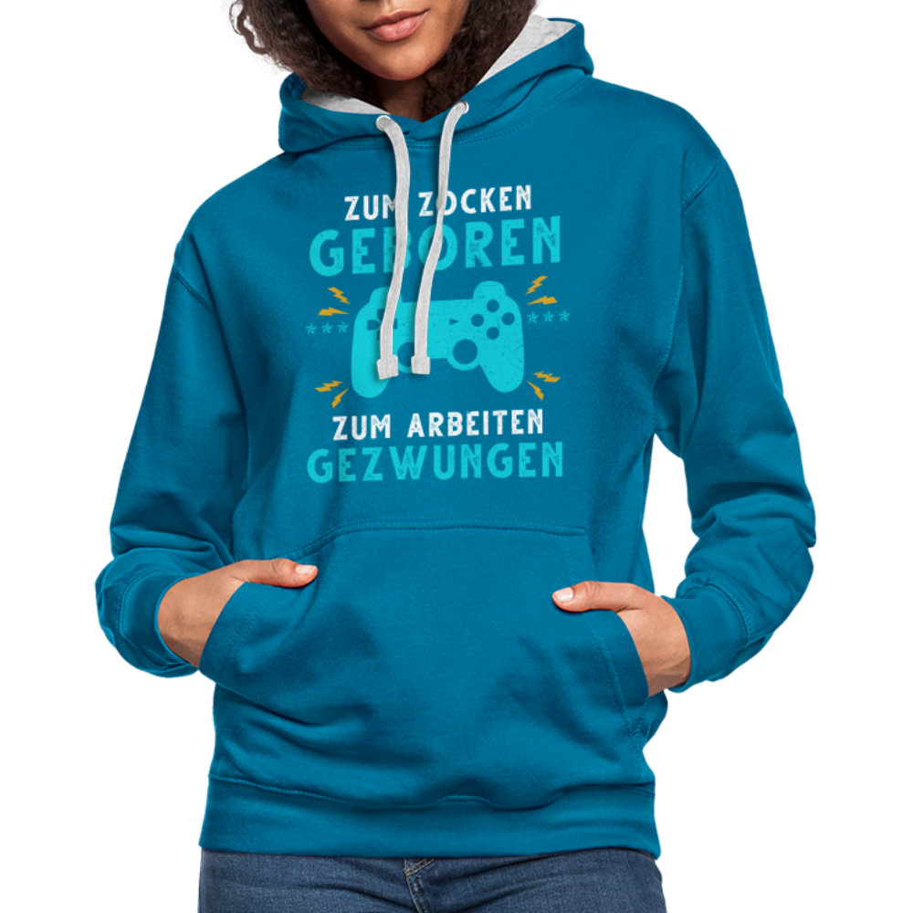 Gamer zum Zocken geboren zur Arbeit gezwungen Gaming Hoodie - Pfauenblau/Grau meliert