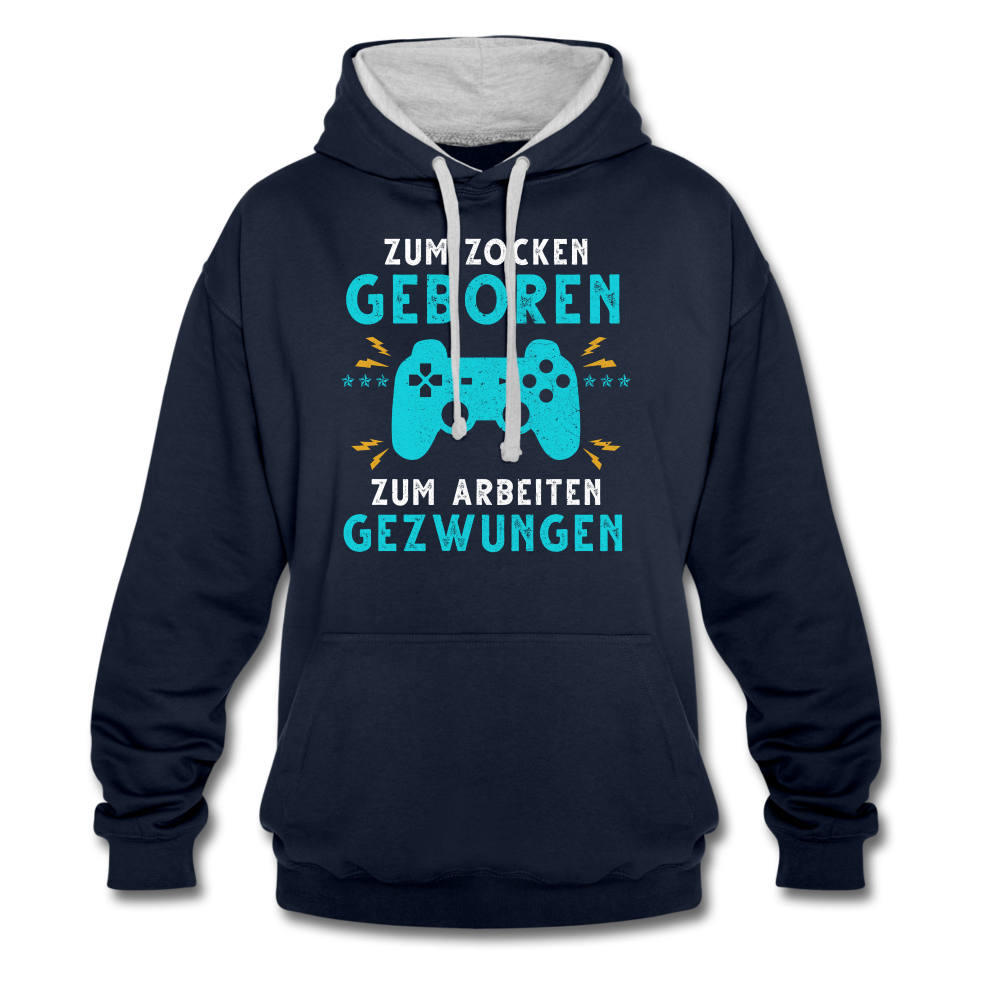 Gamer zum Zocken geboren zur Arbeit gezwungen Gaming Hoodie - Navy/Grau meliert