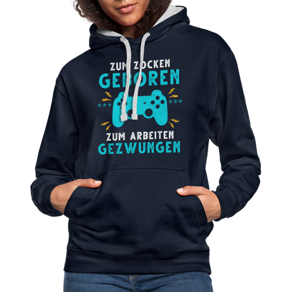 Gamer zum Zocken geboren zur Arbeit gezwungen Gaming Hoodie - Navy/Grau meliert